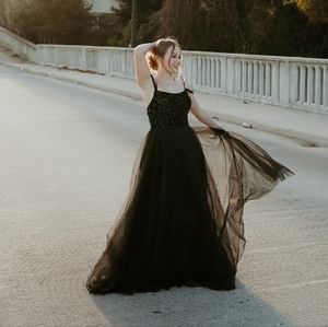 Black tulle maxi prom dress